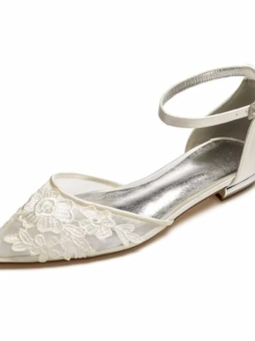 Mesh Applique Pointed Toe Wedding Flats for Bride Tie Up Ankle Strap Bridesmaid